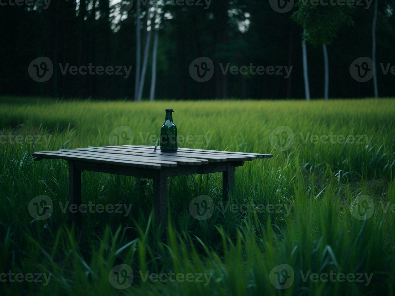 Wooden table and blur tropical green grass background, product display montage. High quality photo 8k FHD AI generated