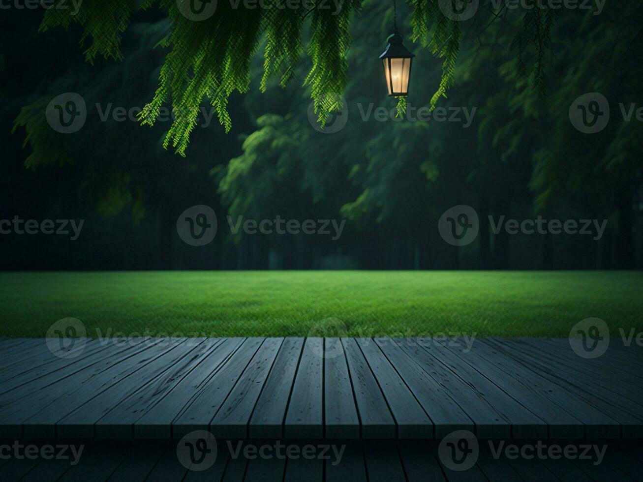 Wooden table and blur tropical green grass background, product display montage. High quality photo 8k FHD AI generated