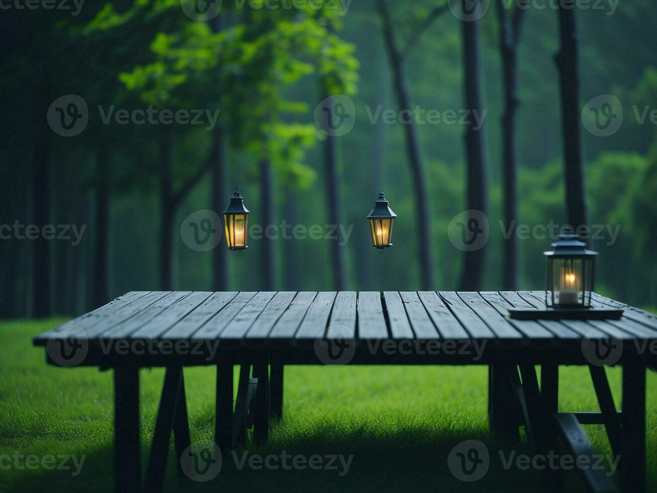 Wooden table and blur tropical green grass background, product display montage. High quality photo 8k FHD AI generated