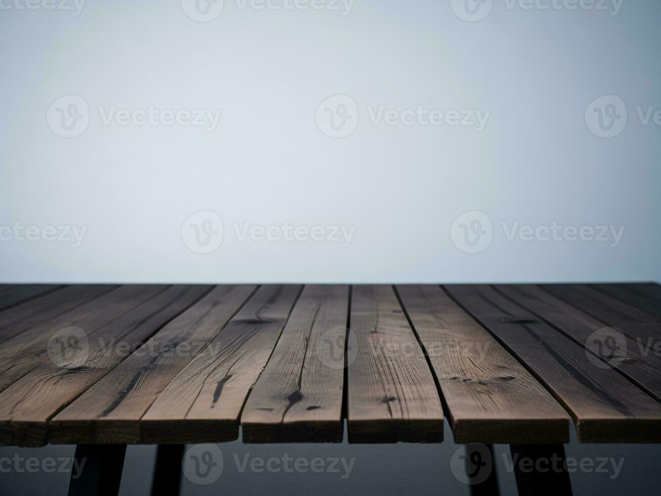 de madera mesa y difuminar tropical verde color fondo, producto monitor montaje. alto calidad foto 8k fhd ai generado