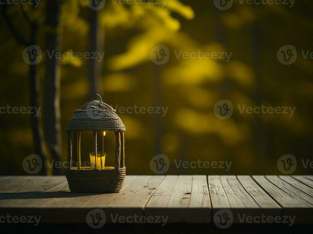 Wooden table and blur tropical Yellow Color background, product display montage. High quality photo 8k FHD AI generated