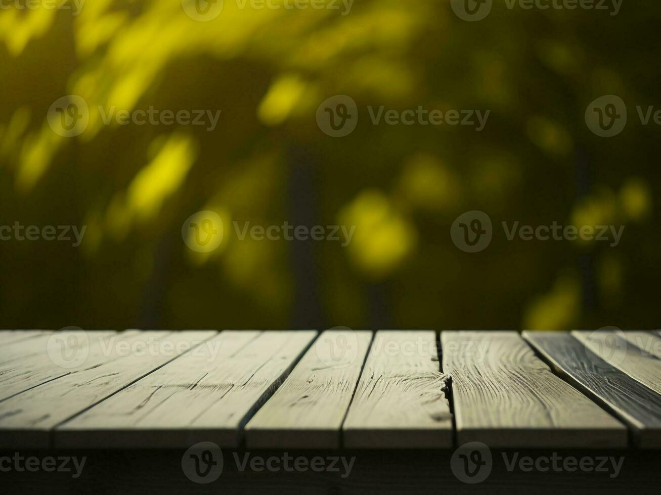 Wooden table and blur tropical Yellow Color background, product display montage. High quality photo 8k FHD AI generated