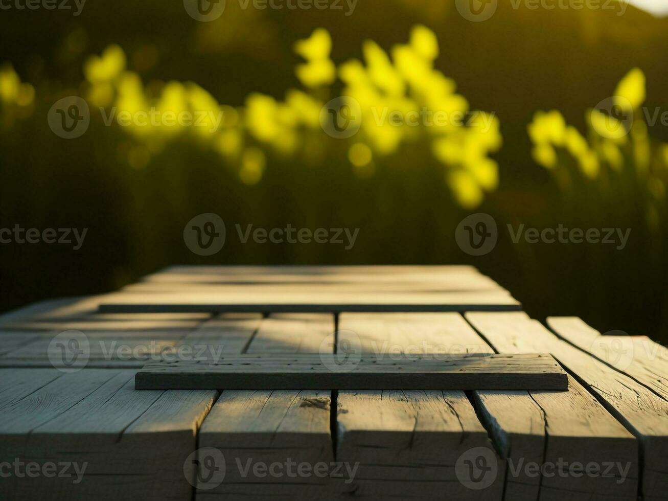 Wooden table and blur tropical Yellow Color background, product display montage. High quality photo 8k FHD AI generated