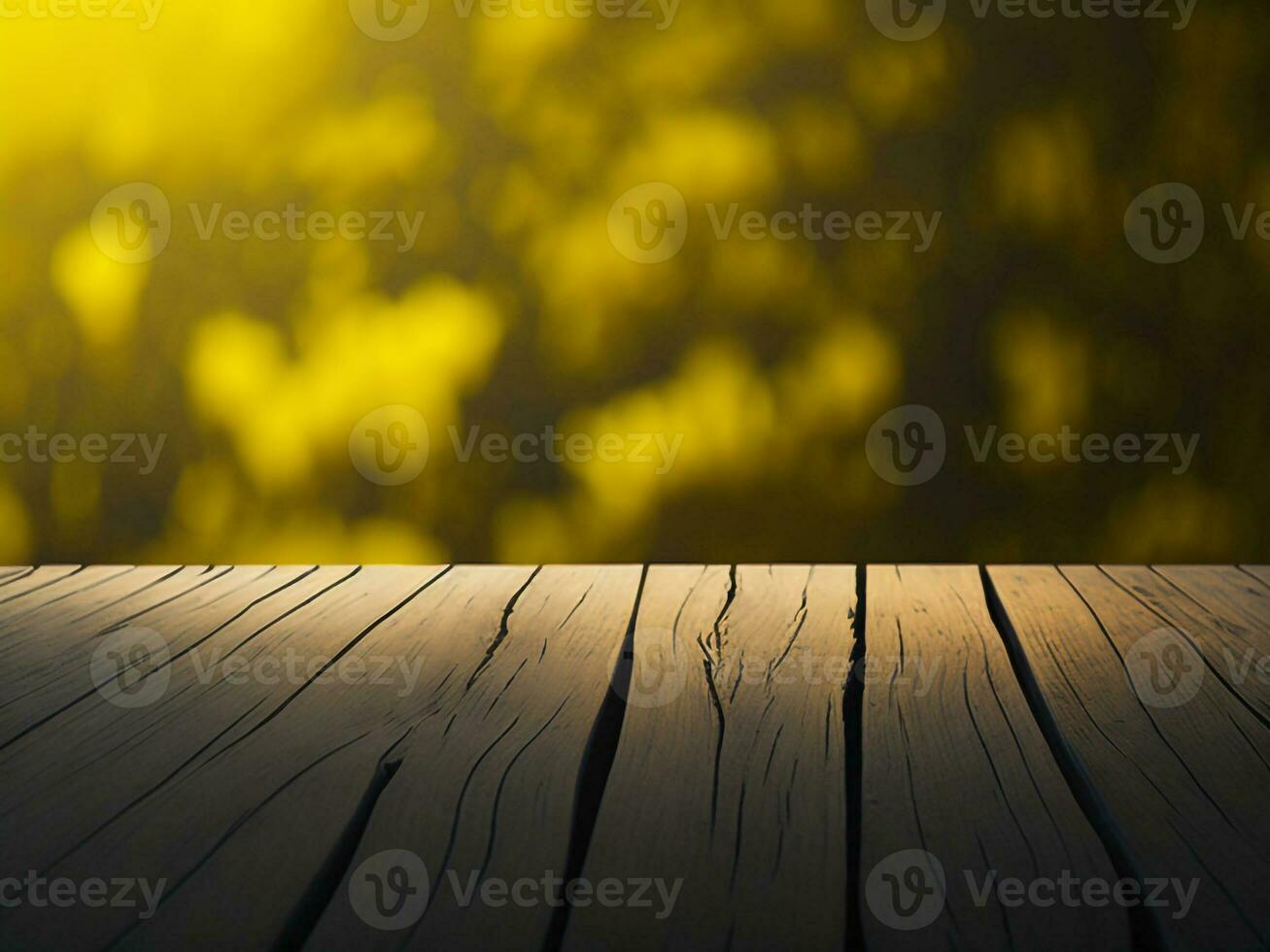 Wooden table and blur tropical Yellow Color background, product display montage. High quality photo 8k FHD AI generated