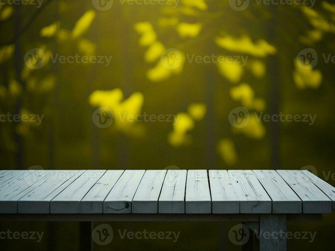 Wooden table and blur tropical Yellow Color background, product display montage. High quality photo 8k FHD AI generated