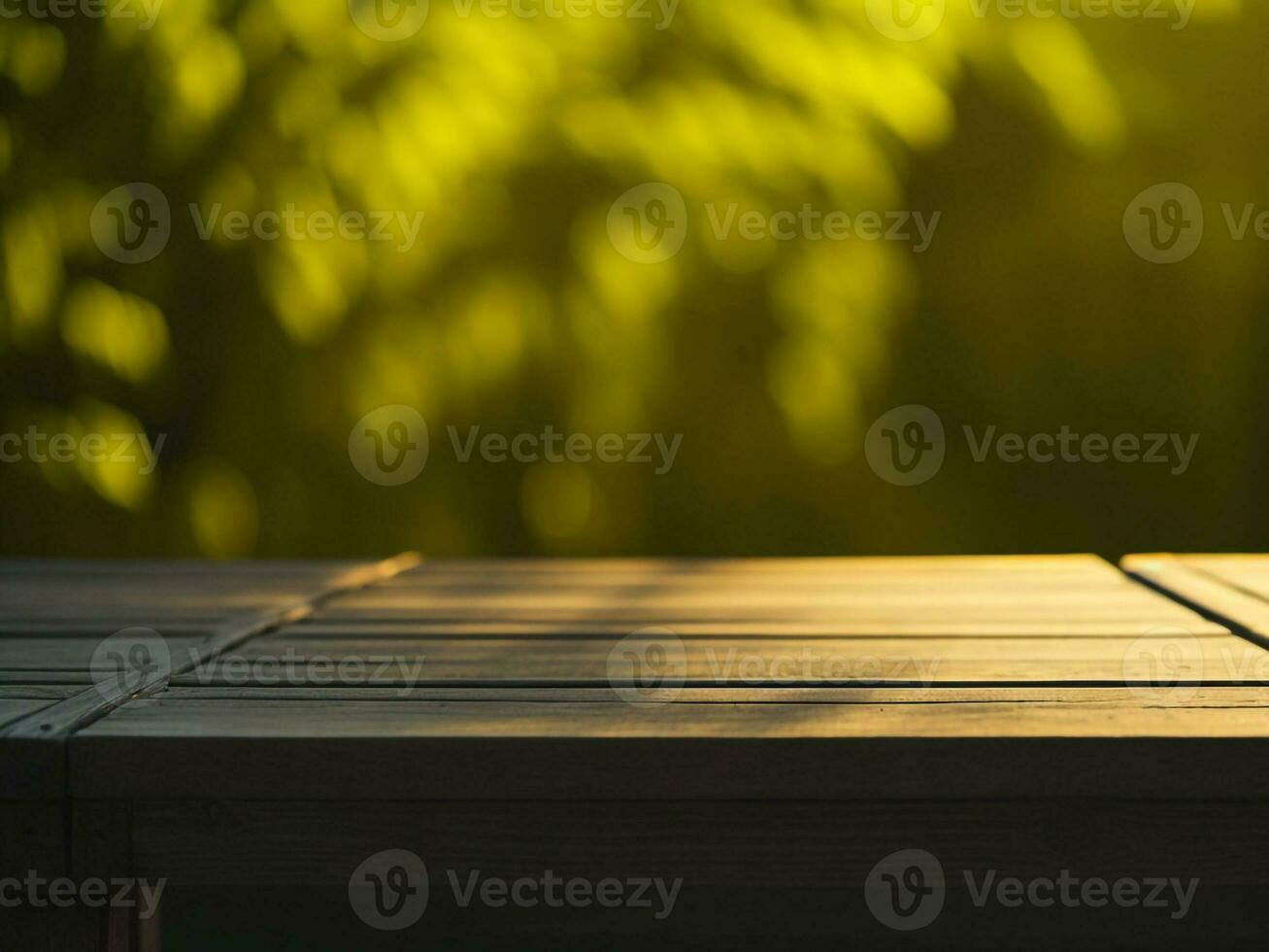 Wooden table and blur tropical Yellow Color background, product display montage. High quality photo 8k FHD AI generated