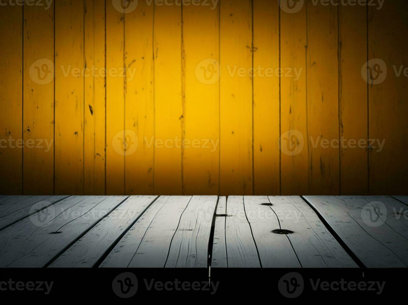 Wooden table and blur tropical Yellow Color background, product display montage. High quality photo 8k FHD AI generated