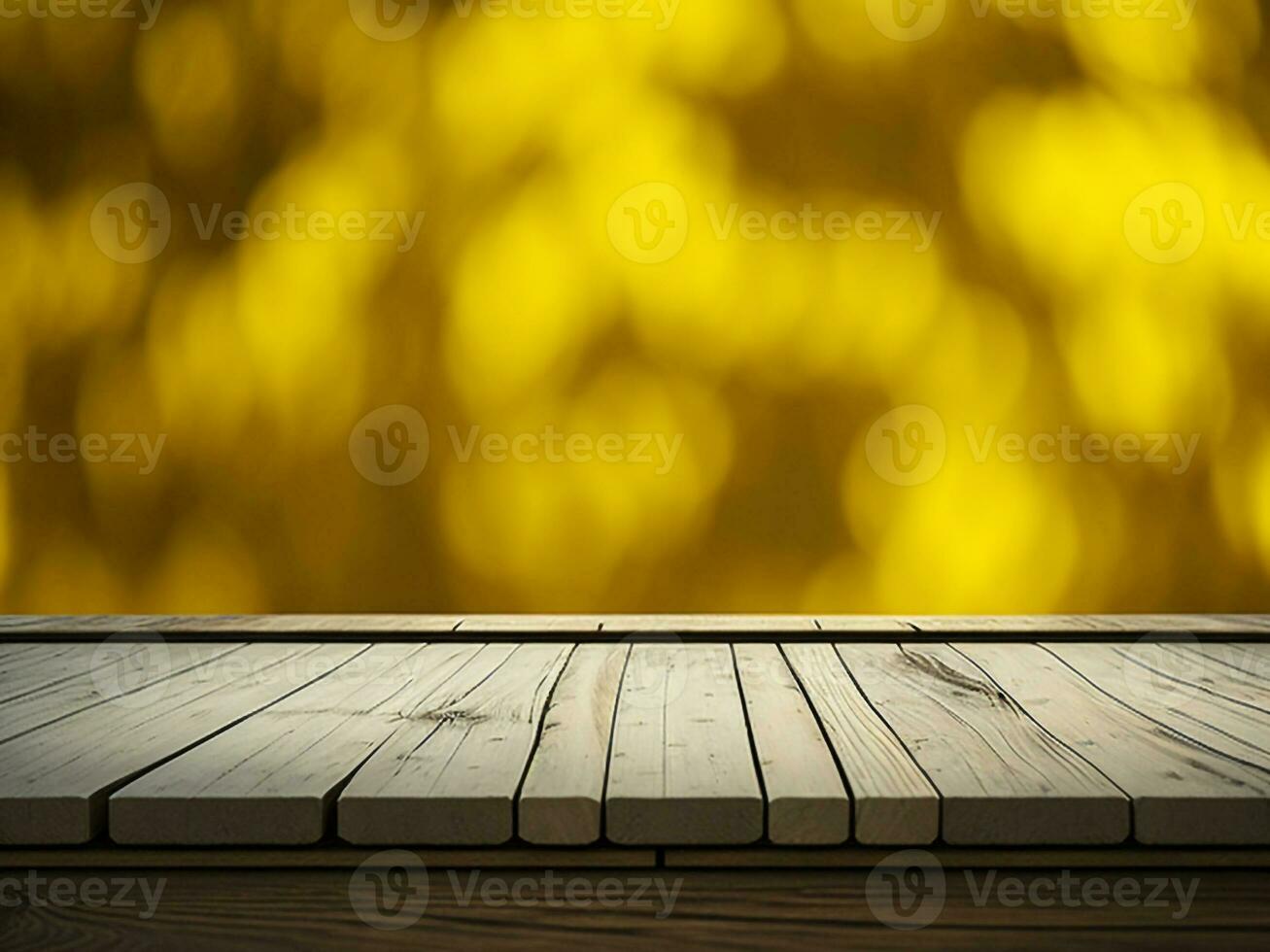 Wooden table and blur tropical Yellow Color background, product display montage. High quality photo 8k FHD AI generated