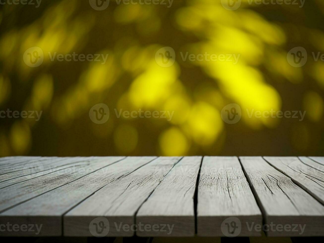 Wooden table and blur tropical Yellow Color background, product display montage. High quality photo 8k FHD AI generated