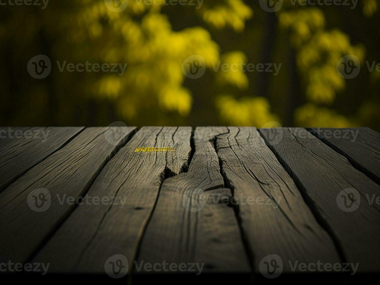 de madera mesa y difuminar tropical amarillo color fondo, producto monitor montaje. alto calidad foto 8k fhd ai generado