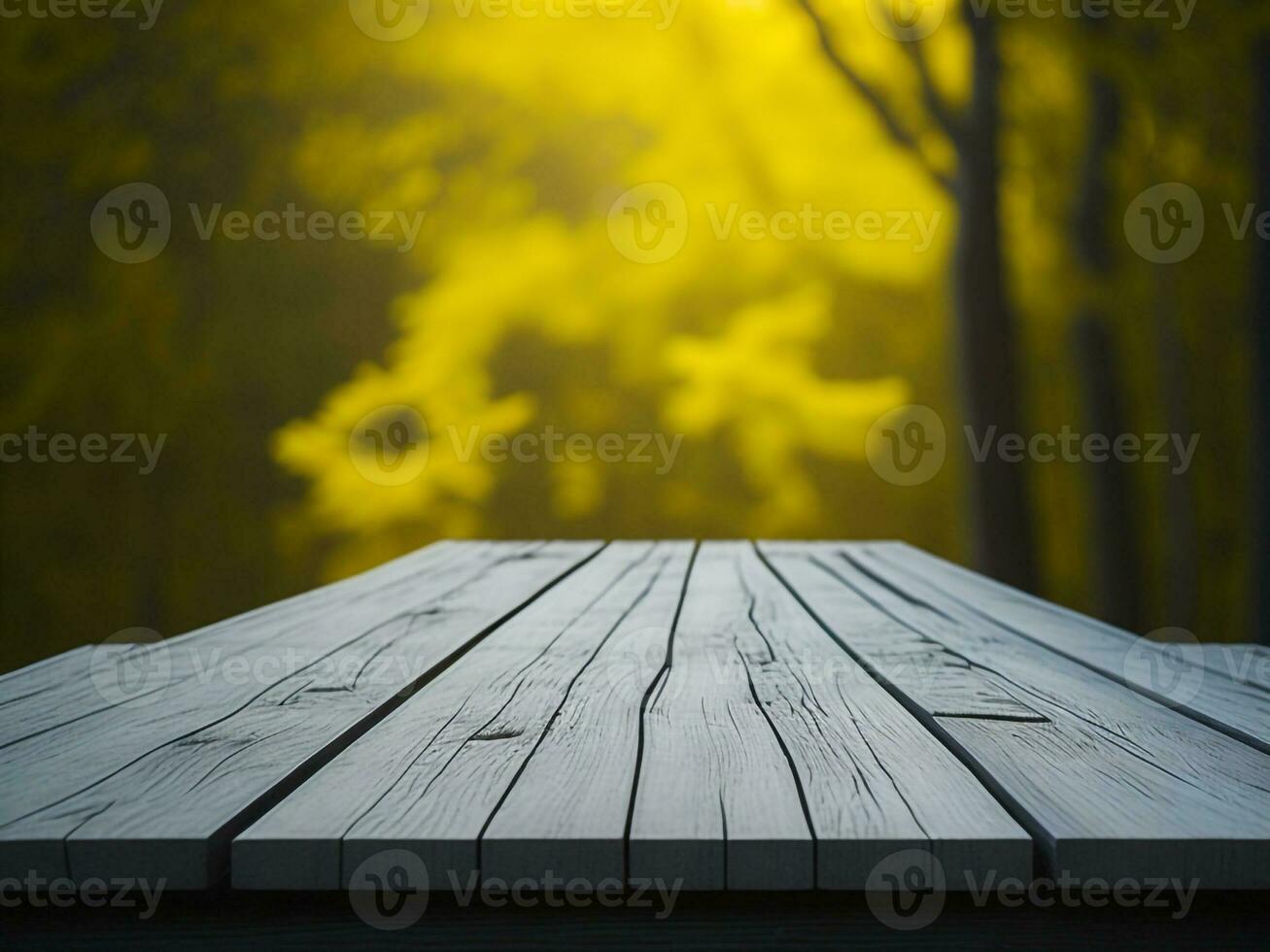 Wooden table and blur tropical Yellow Color background, product display montage. High quality photo 8k FHD AI generated