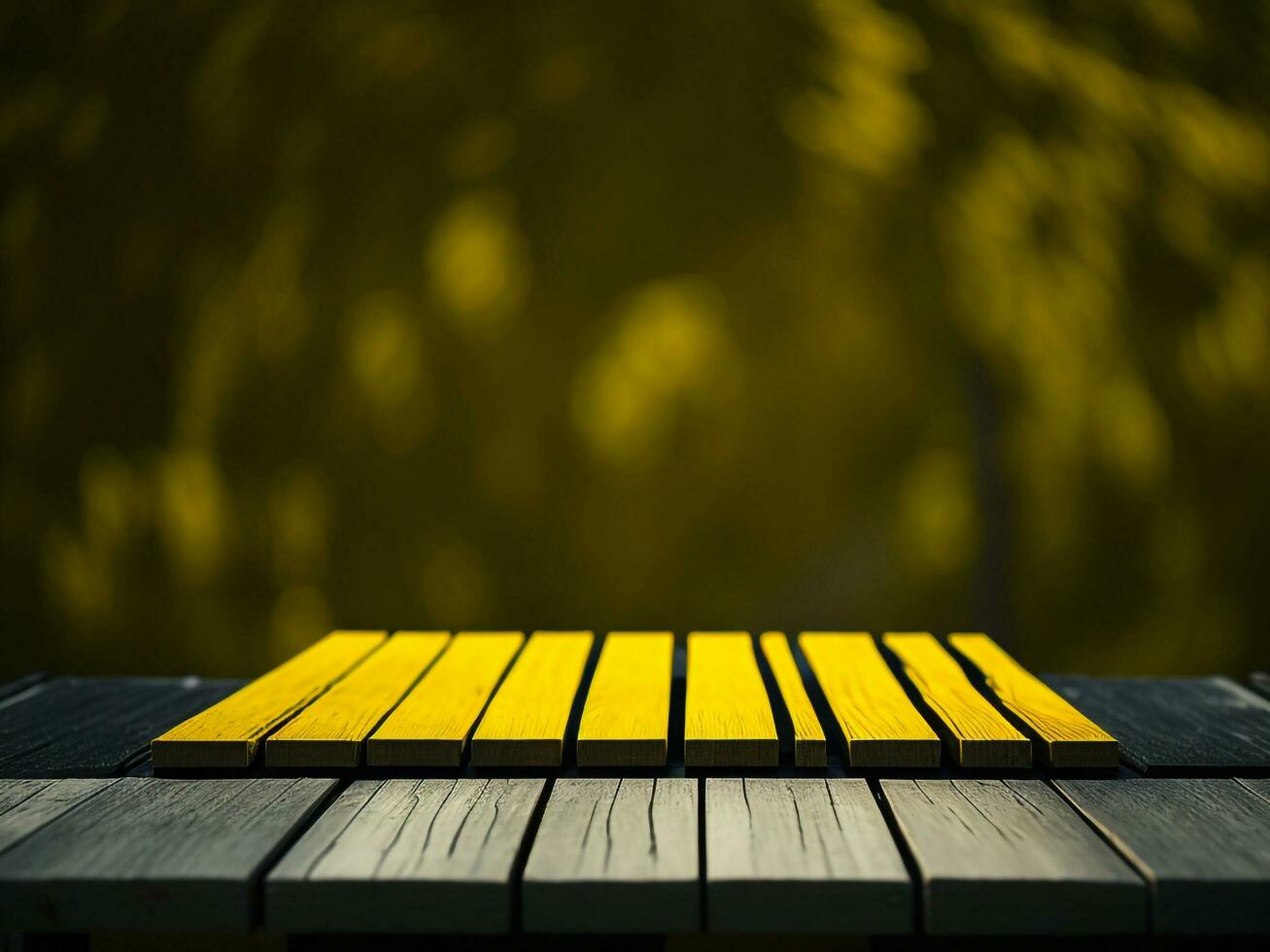 Wooden table and blur tropical green grass background, product display montage. High quality photo 8k FHD AI generated