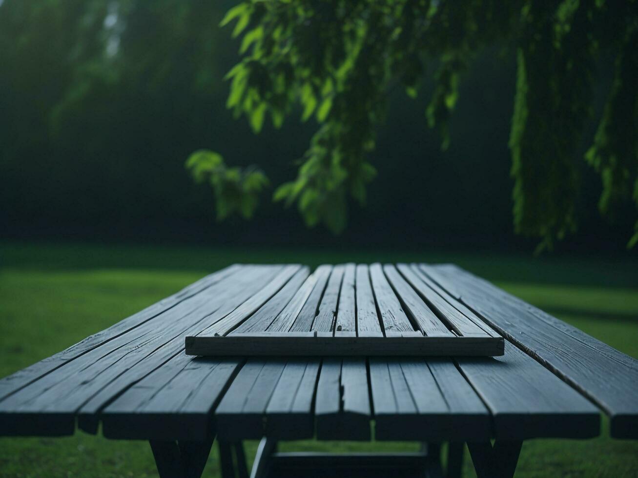 Wooden table and blur tropical green grass background, product display montage. High quality photo 8k FHD AI generated