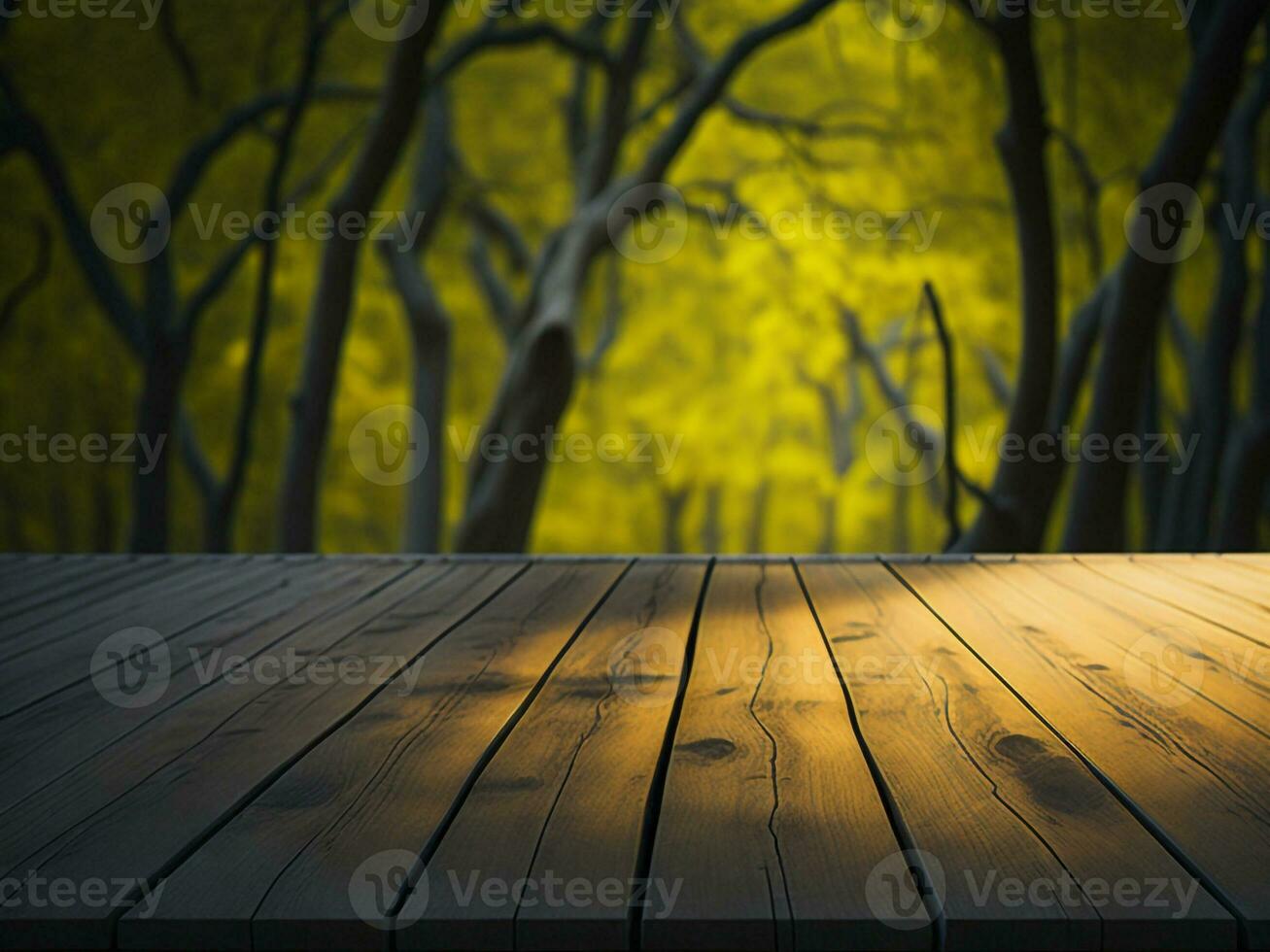 de madera mesa y difuminar tropical amarillo color fondo, producto monitor montaje. alto calidad foto 8k fhd ai generado