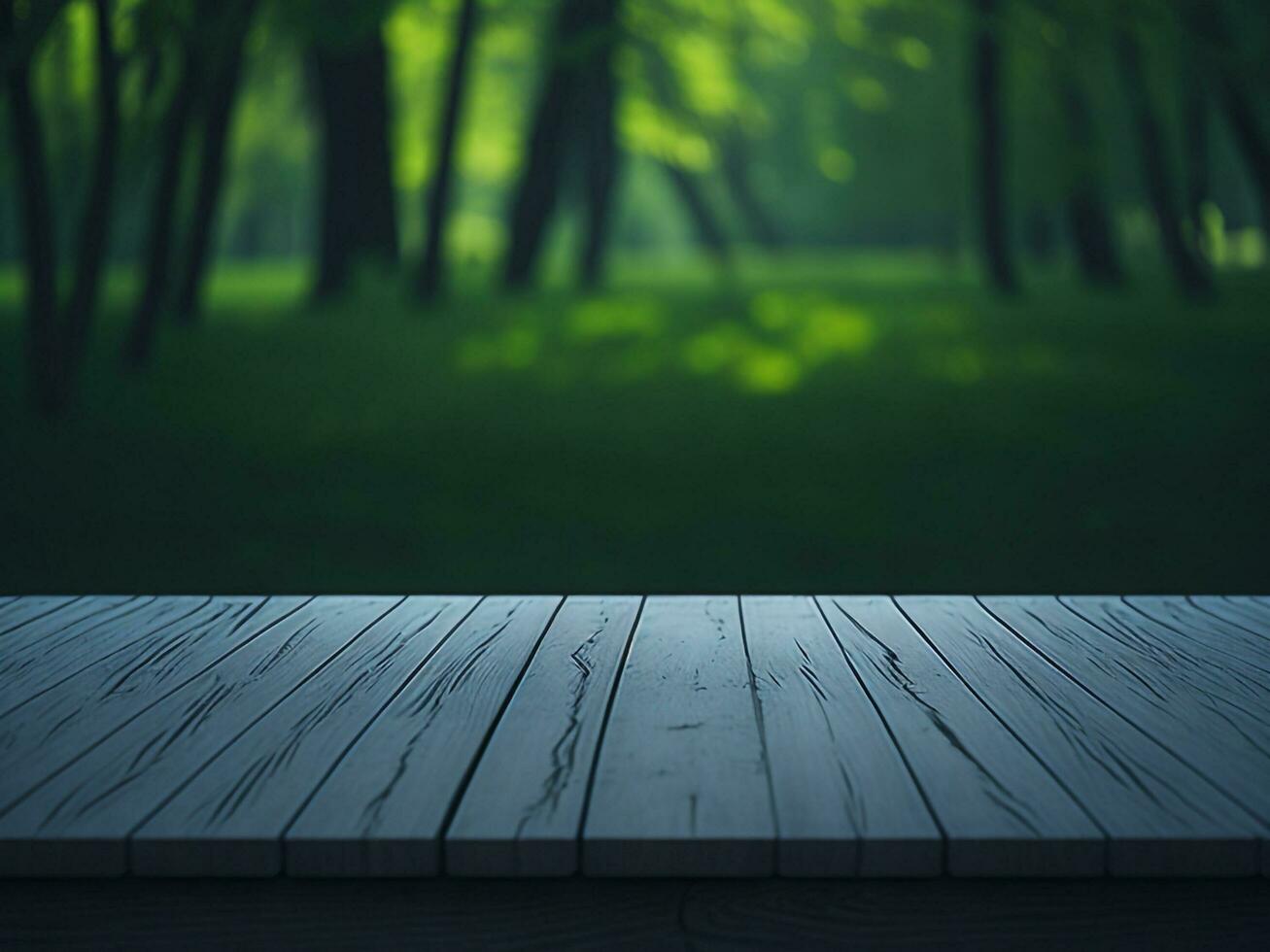 Wooden table and blur tropical green grass background, product display montage. High quality photo 8k FHD AI generated