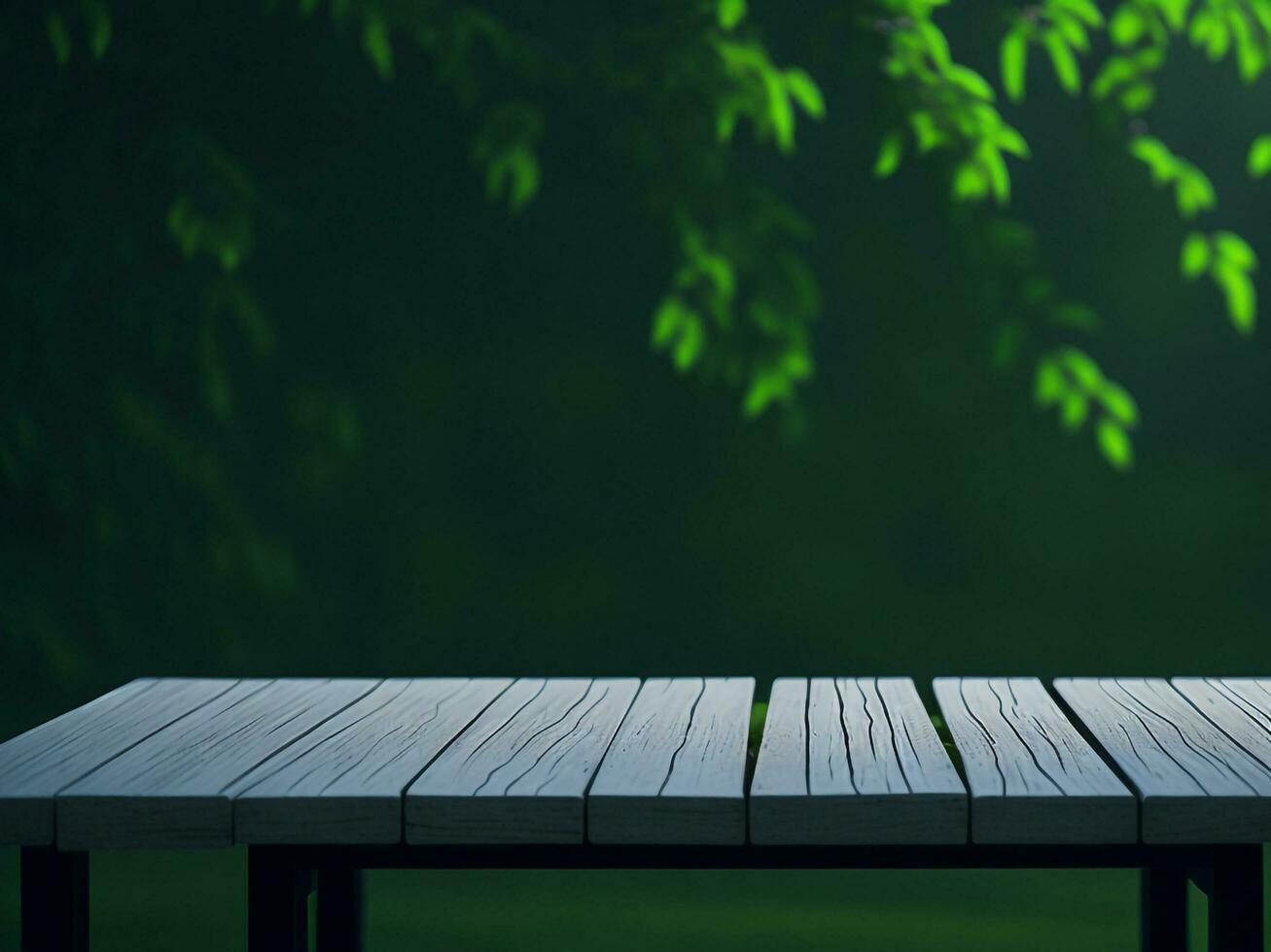 Wooden table and blur tropical green grass background, product display montage. High quality photo 8k FHD AI generated