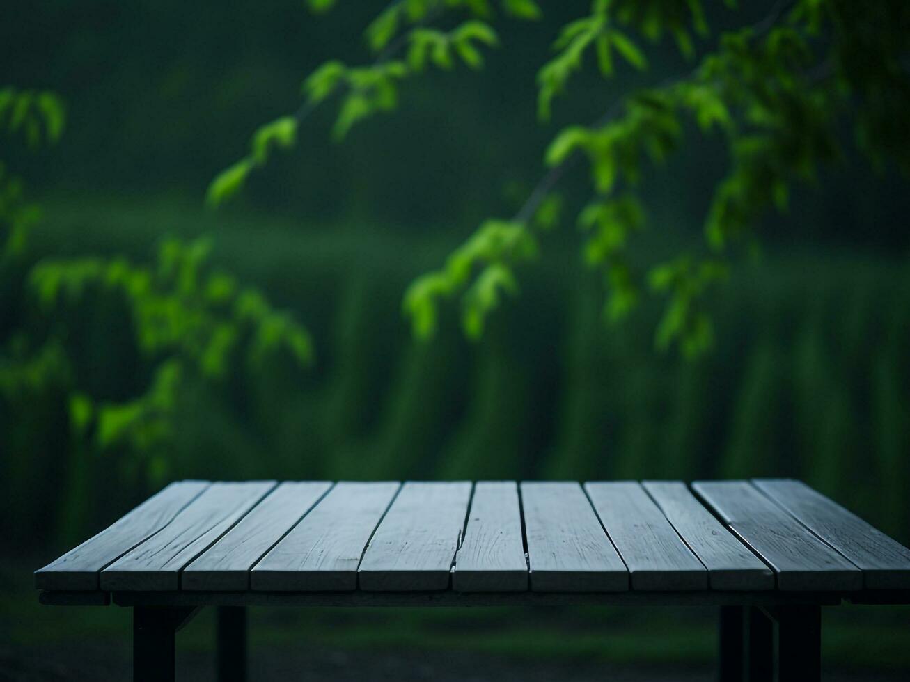 Wooden table and blur tropical green grass background, product display montage. High quality photo 8k FHD AI generated