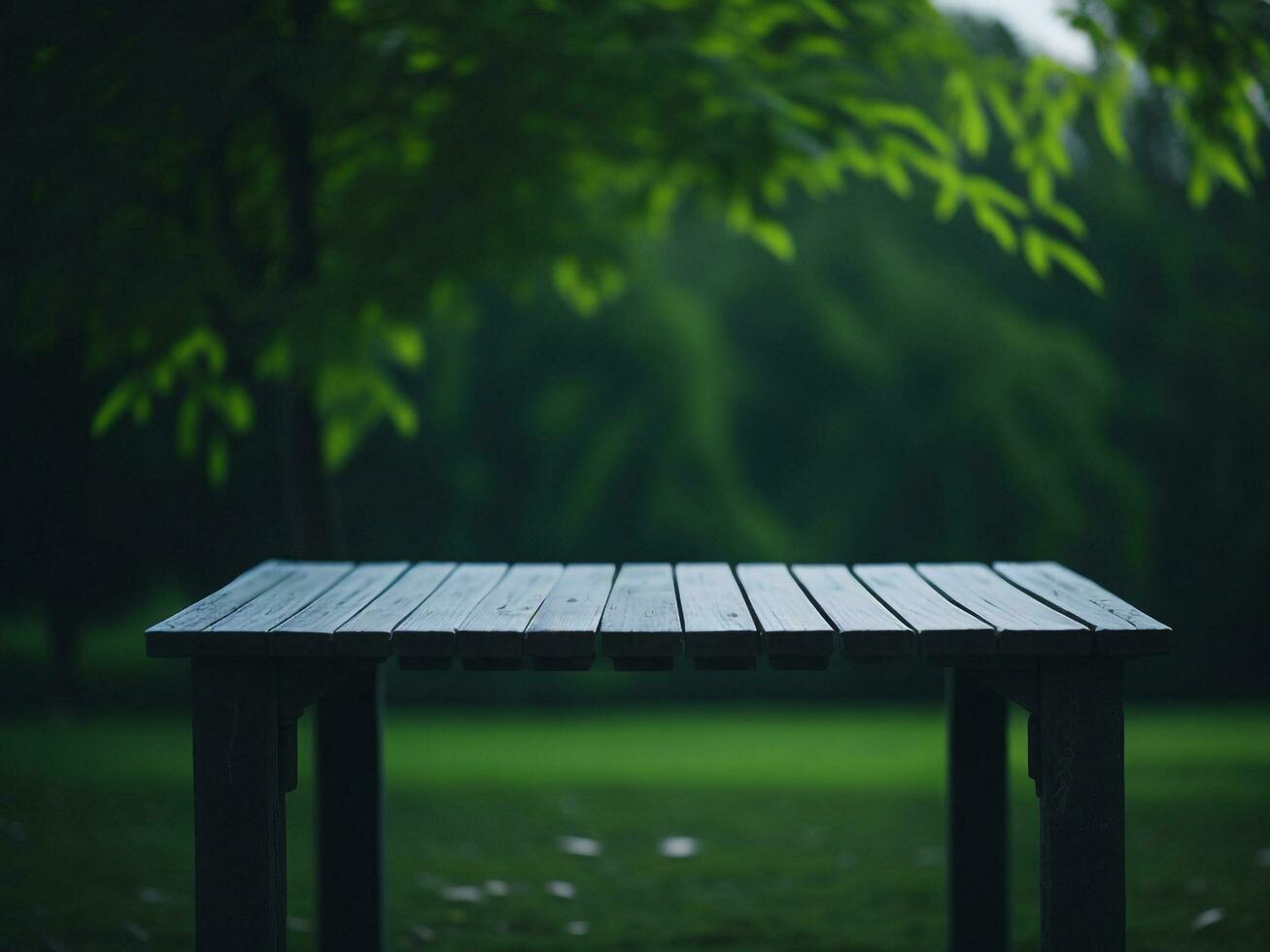 Wooden table and blur tropical green grass background, product display montage. High quality photo 8k FHD AI generated