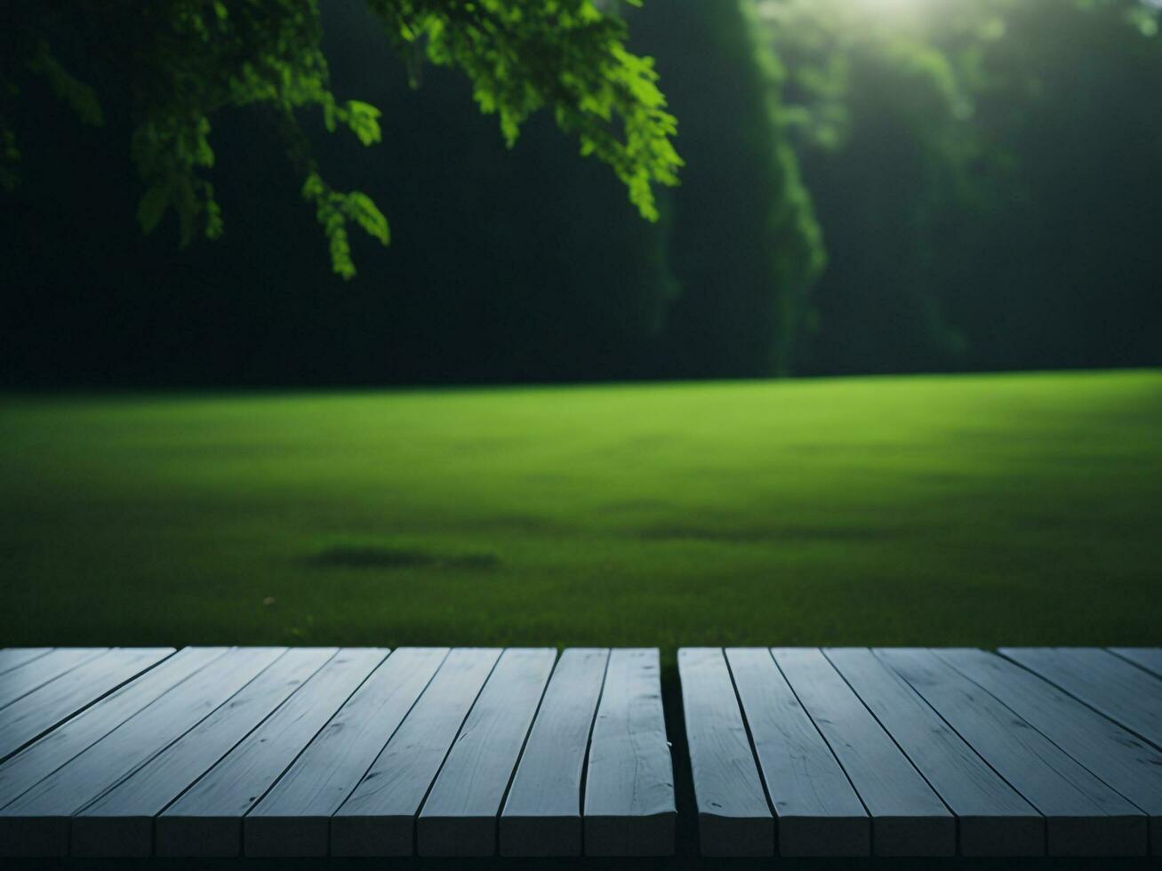 Wooden table and blur tropical green grass background, product display montage. High quality photo 8k FHD AI generated