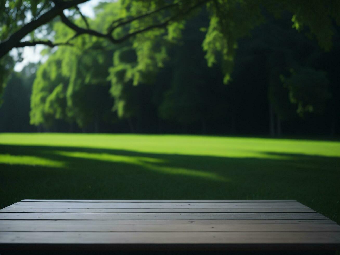 Wooden table and blur tropical green grass background, product display montage. High quality photo 8k FHD AI generated