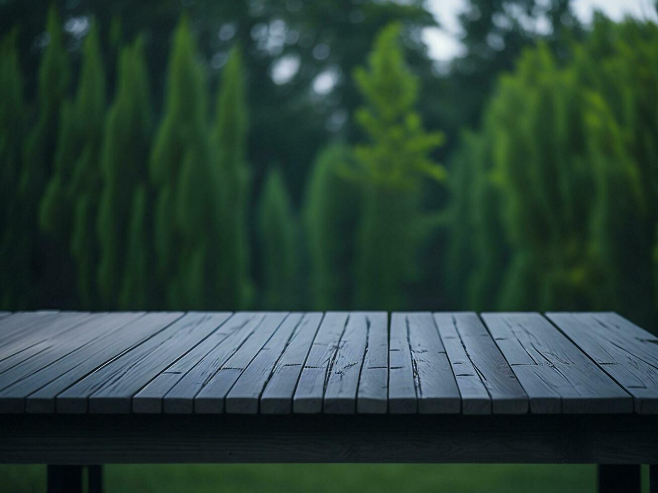 Wooden table and blur tropical green grass background, product display montage. High quality photo 8k FHD AI generated