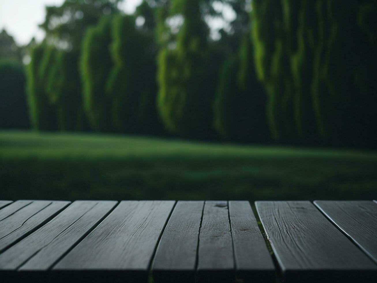 Wooden table and blur tropical green grass background, product display montage. High quality photo 8k FHD AI generated