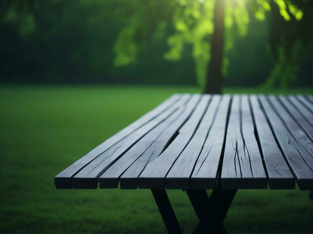 Wooden table and blur tropical green grass background, product display montage. High quality photo 8k FHD AI generated