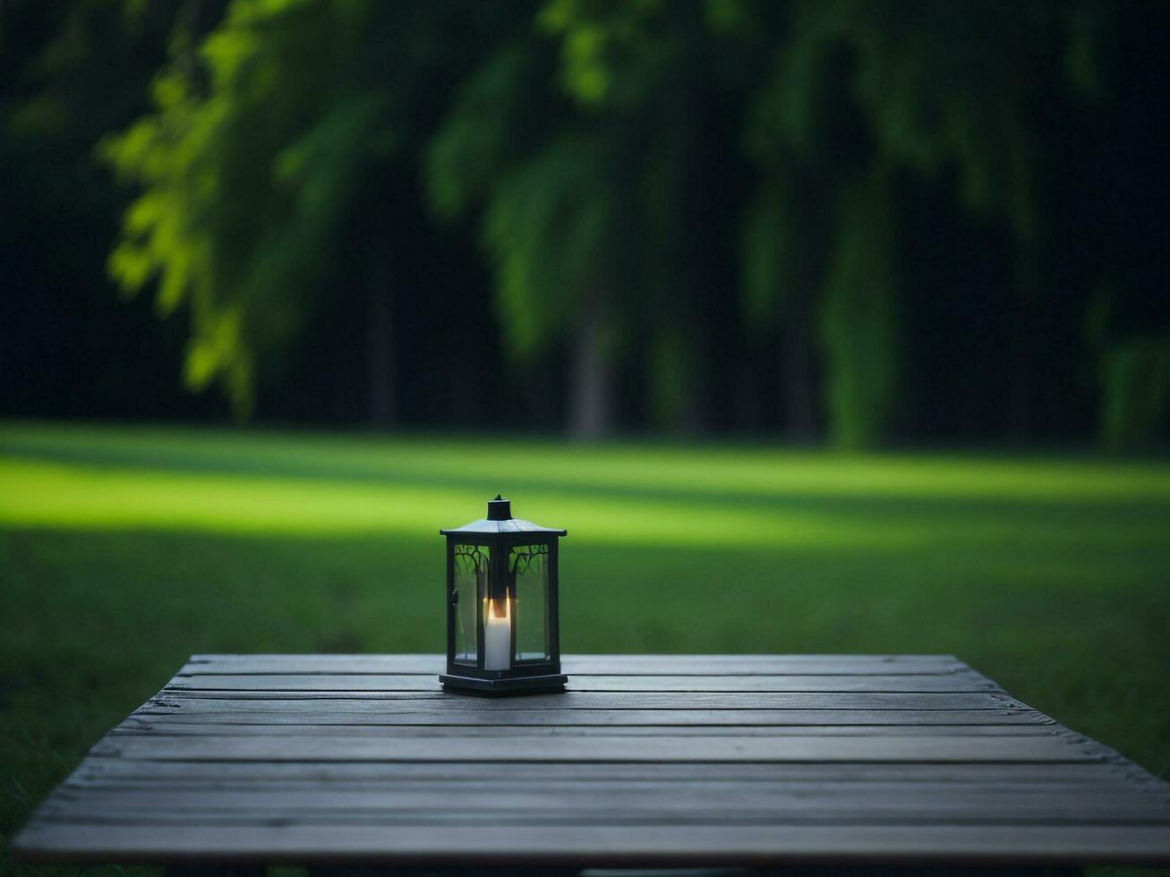 Wooden table and blur tropical green grass background, product display montage. High quality photo 8k FHD AI generated