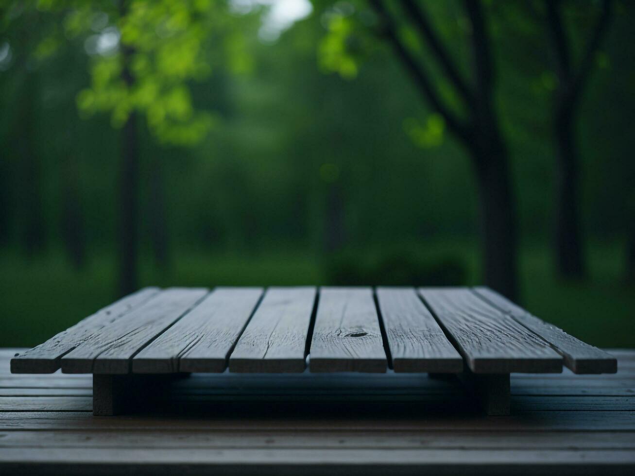 Wooden table and blur tropical green grass background, product display montage. High quality photo 8k FHD AI generated