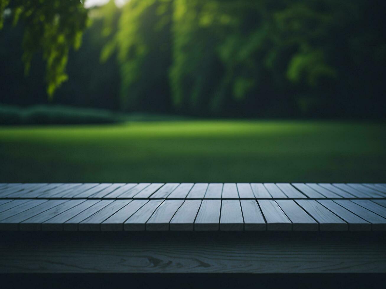 Wooden table and blur tropical green grass background, product display montage. High quality photo 8k FHD AI generated