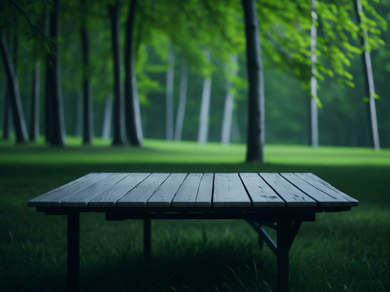 Wooden table and blur tropical green grass background, product display montage. High quality photo 8k FHD AI generated