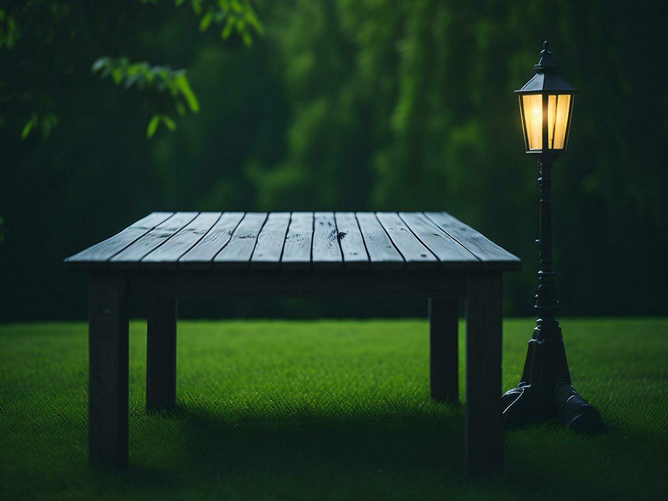 Wooden table and blur tropical green grass background, product display montage. High quality photo 8k FHD AI generated