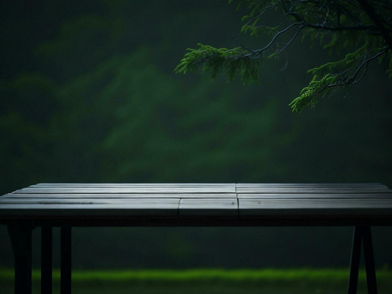 Wooden table and blur tropical green grass background, product display montage. High quality photo 8k FHD AI generated