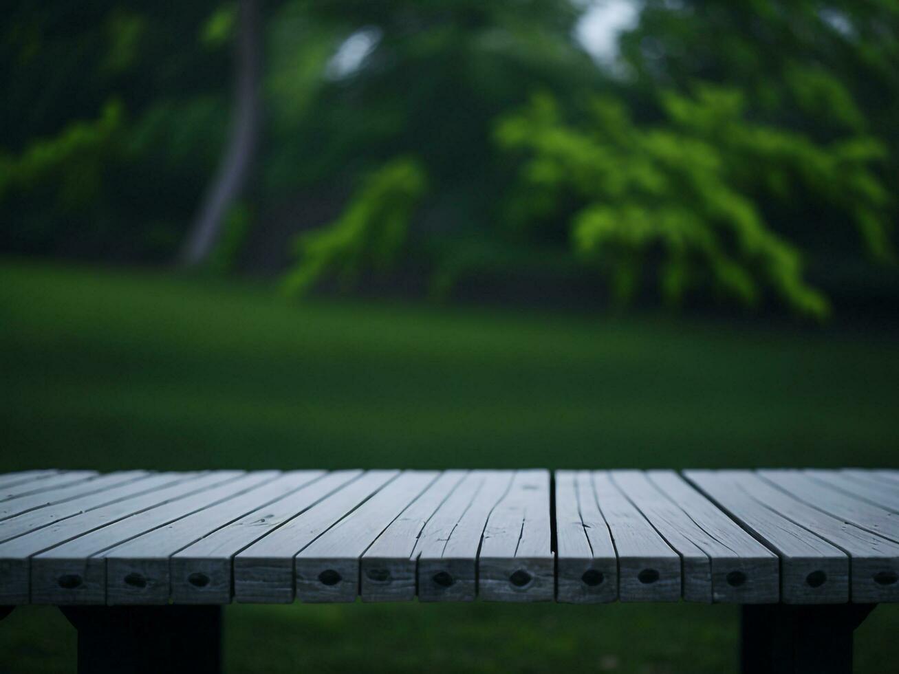 Wooden table and blur tropical green grass background, product display montage. High quality photo 8k FHD AI generated