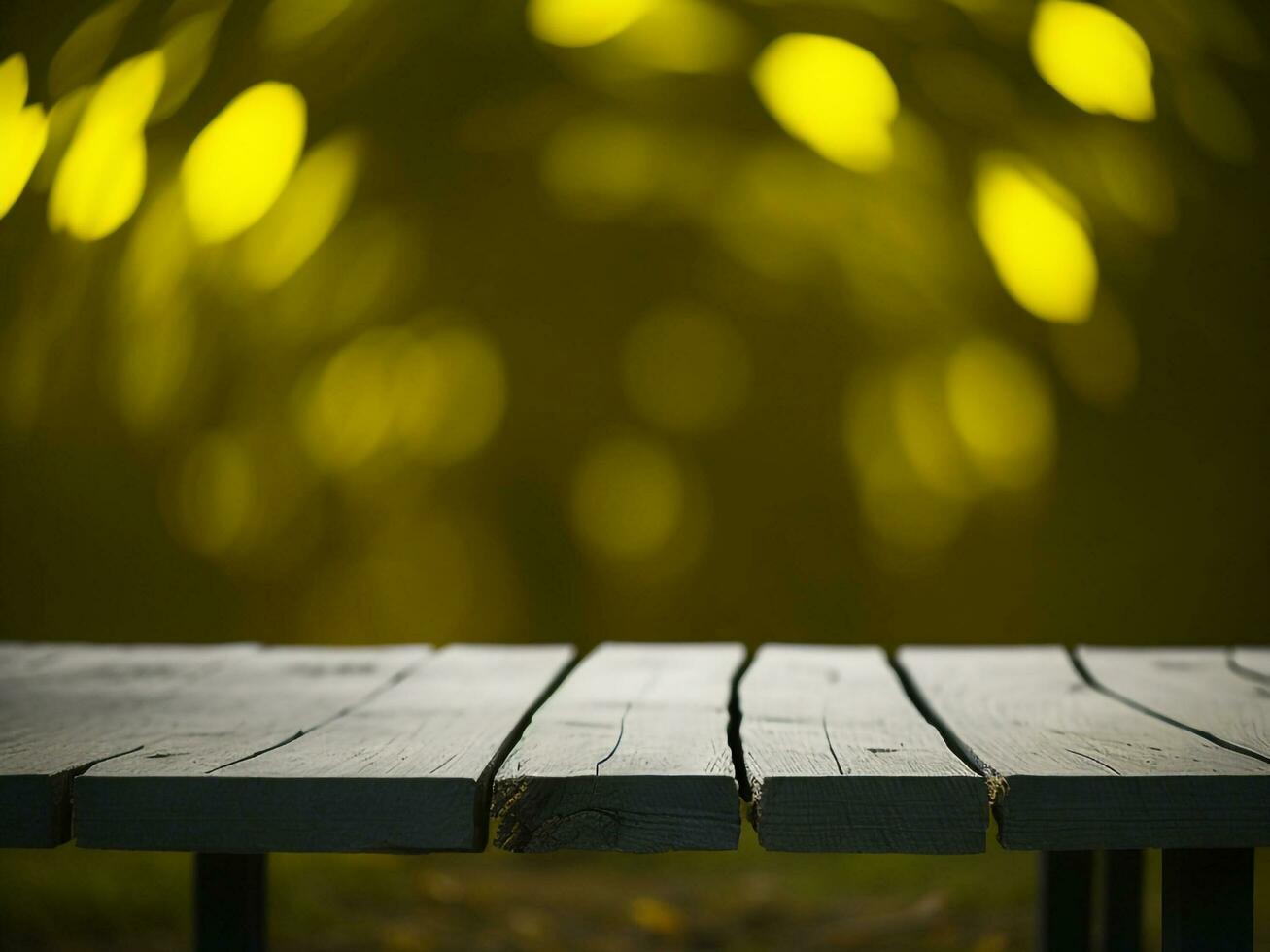 Wooden table and blur tropical green grass background, product display montage. High quality photo 8k FHD AI generated