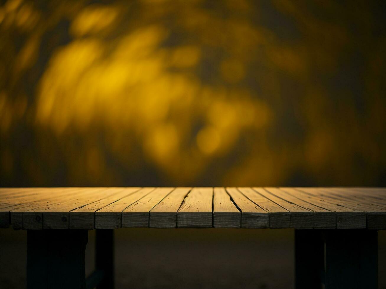 Wooden table and blur tropical green grass background, product display montage. High quality photo 8k FHD AI generated