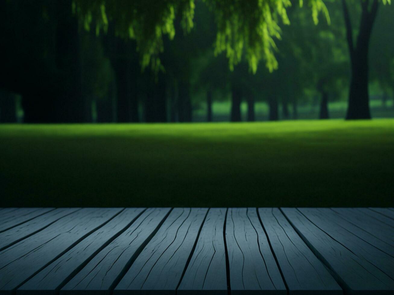 Wooden table and blur tropical green grass background, product display montage. High quality photo 8k FHD AI generated