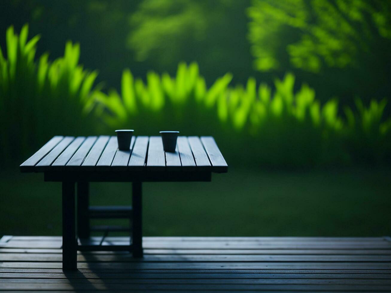 Wooden table and blur tropical green grass background, product display montage. High quality photo 8k FHD AI generated