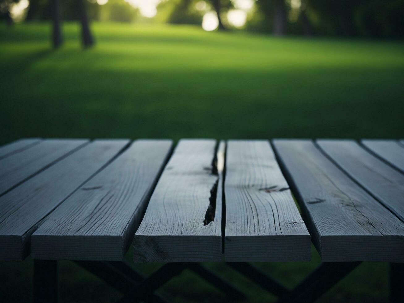 Wooden table and blur tropical green grass background, product display montage. High quality photo 8k FHD AI generated