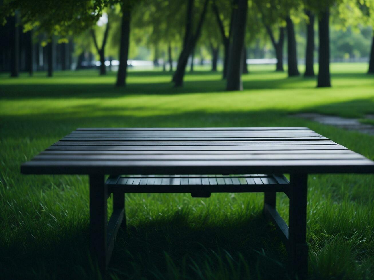 Wooden table and blur tropical green grass background, product display montage. High quality photo 8k FHD AI generated