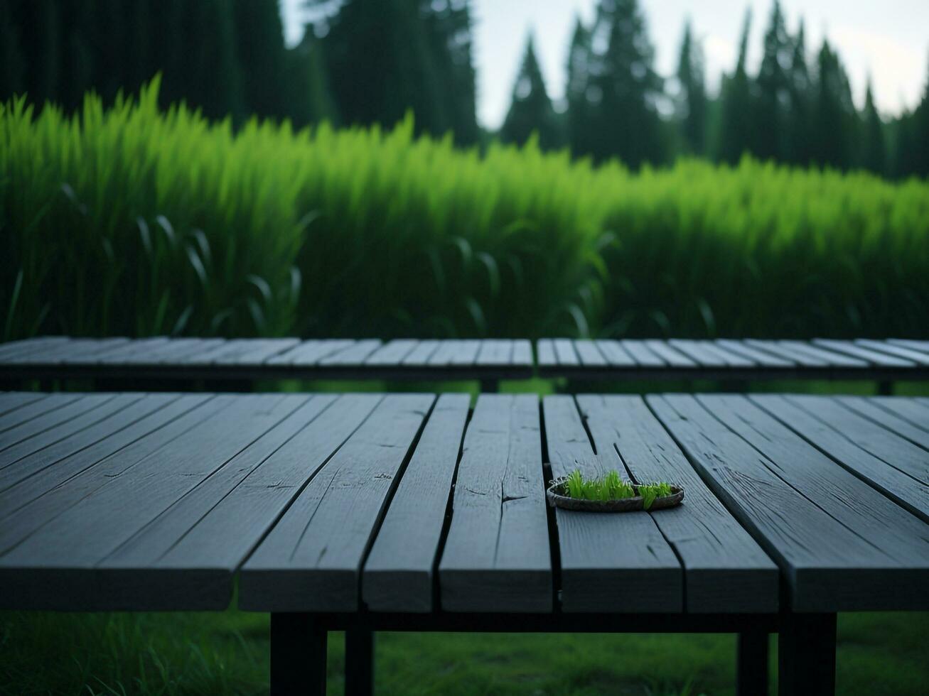 Wooden table and blur tropical green grass background, product display montage. High quality photo 8k FHD AI generated