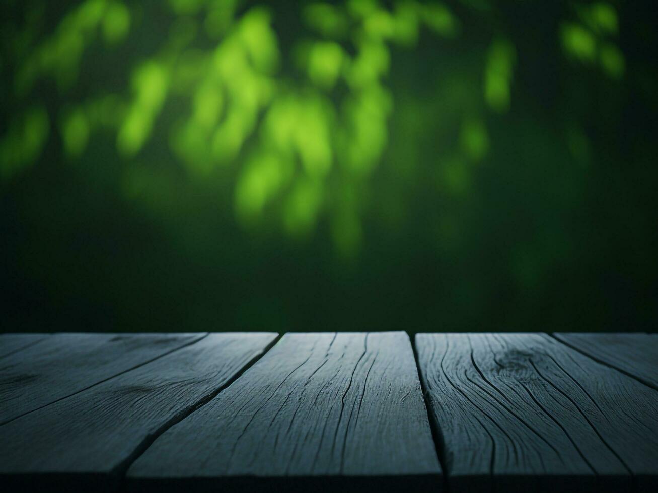 Wooden table and blur tropical green grass background, product display montage. High quality photo 8k FHD AI generated