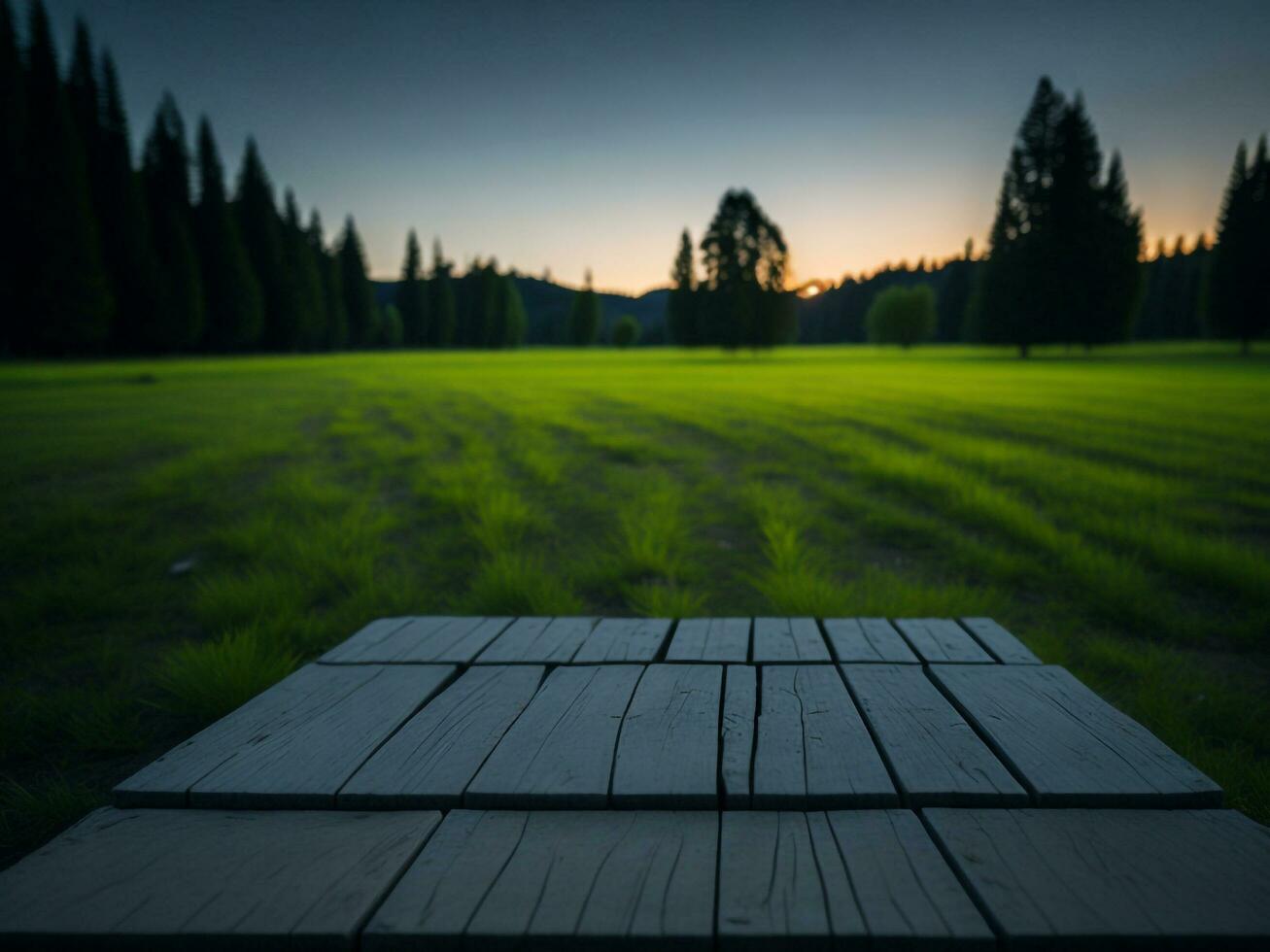 Wooden table and blur tropical green grass background, product display montage. High quality photo 8k FHD AI generated