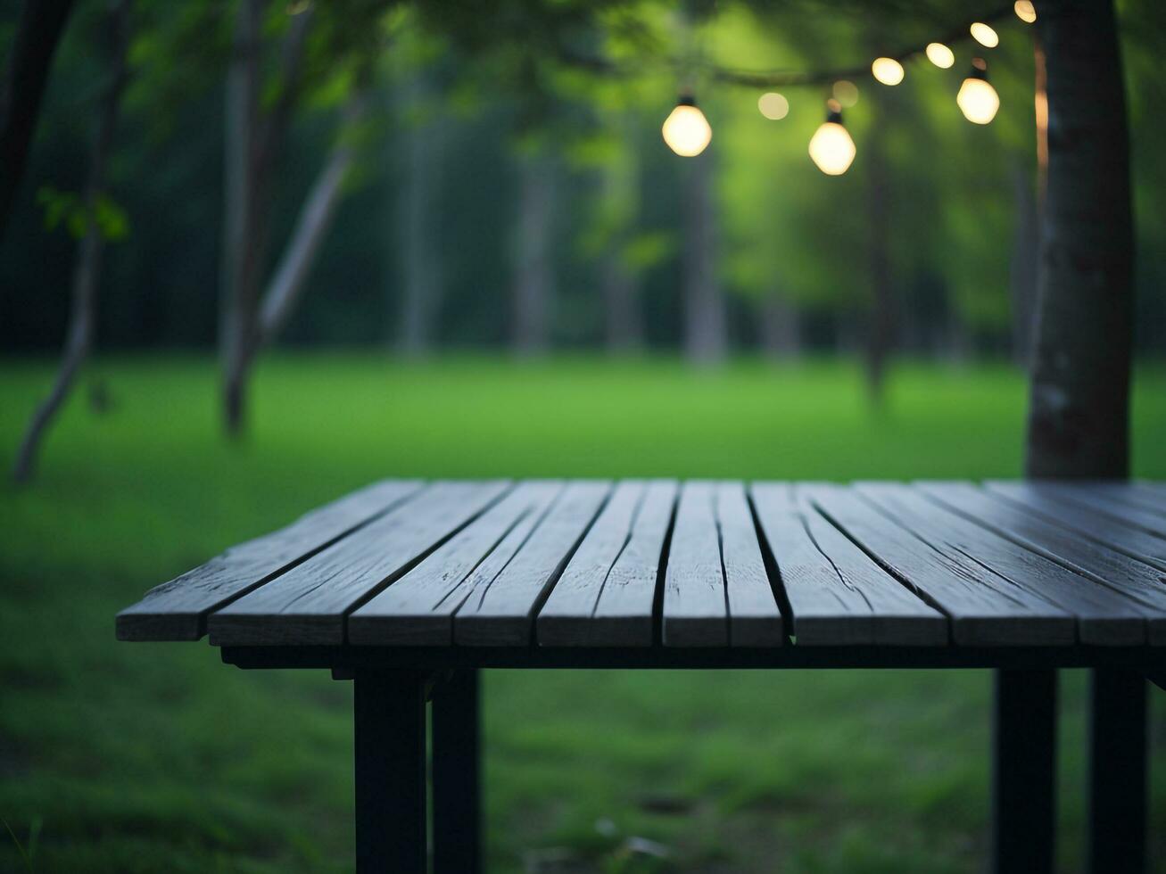 Wooden table and blur tropical green grass background, product display montage. High quality photo 8k FHD AI generated