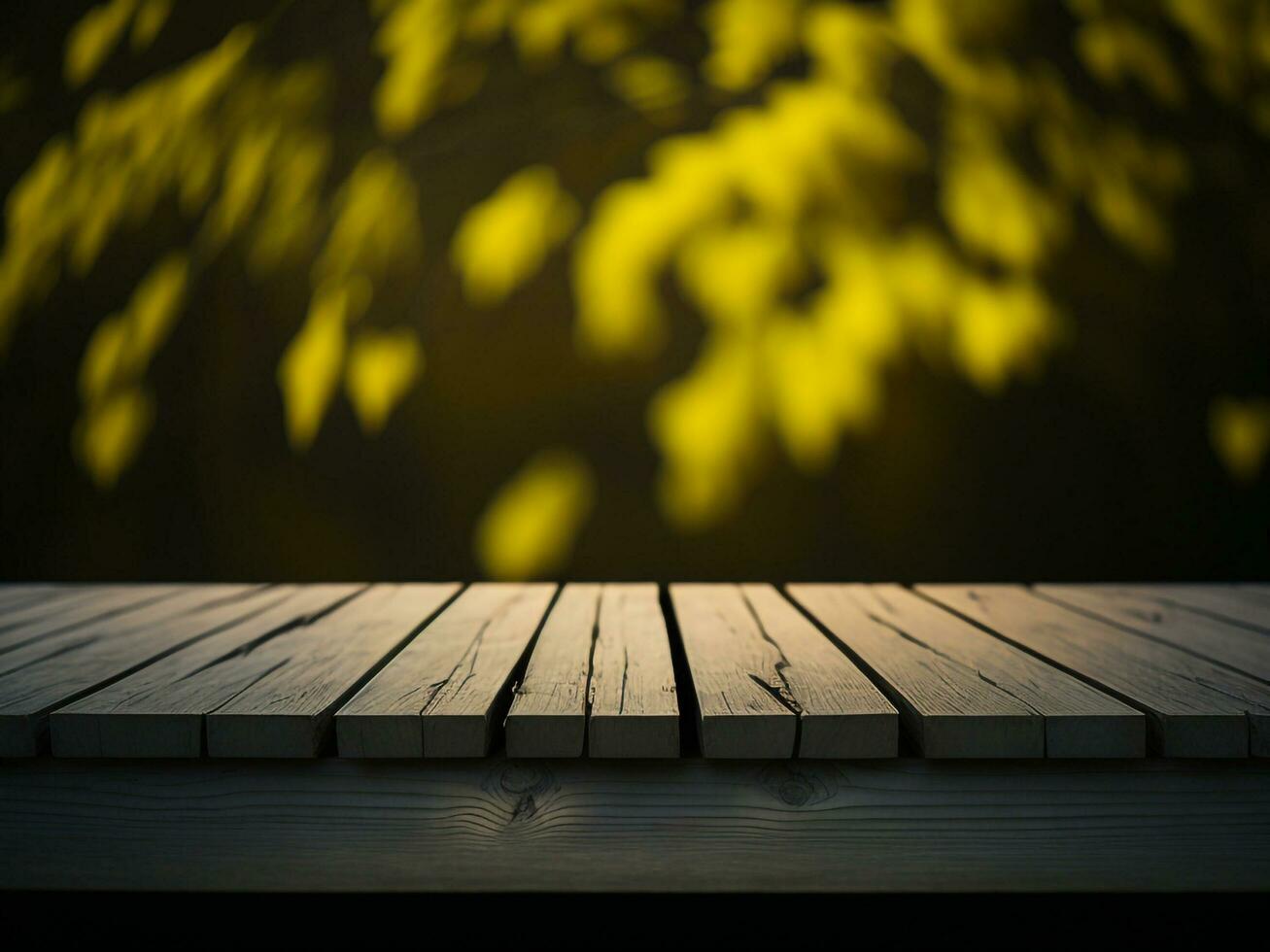 Wooden table and blur tropical green grass background, product display montage. High quality photo 8k FHD AI generated