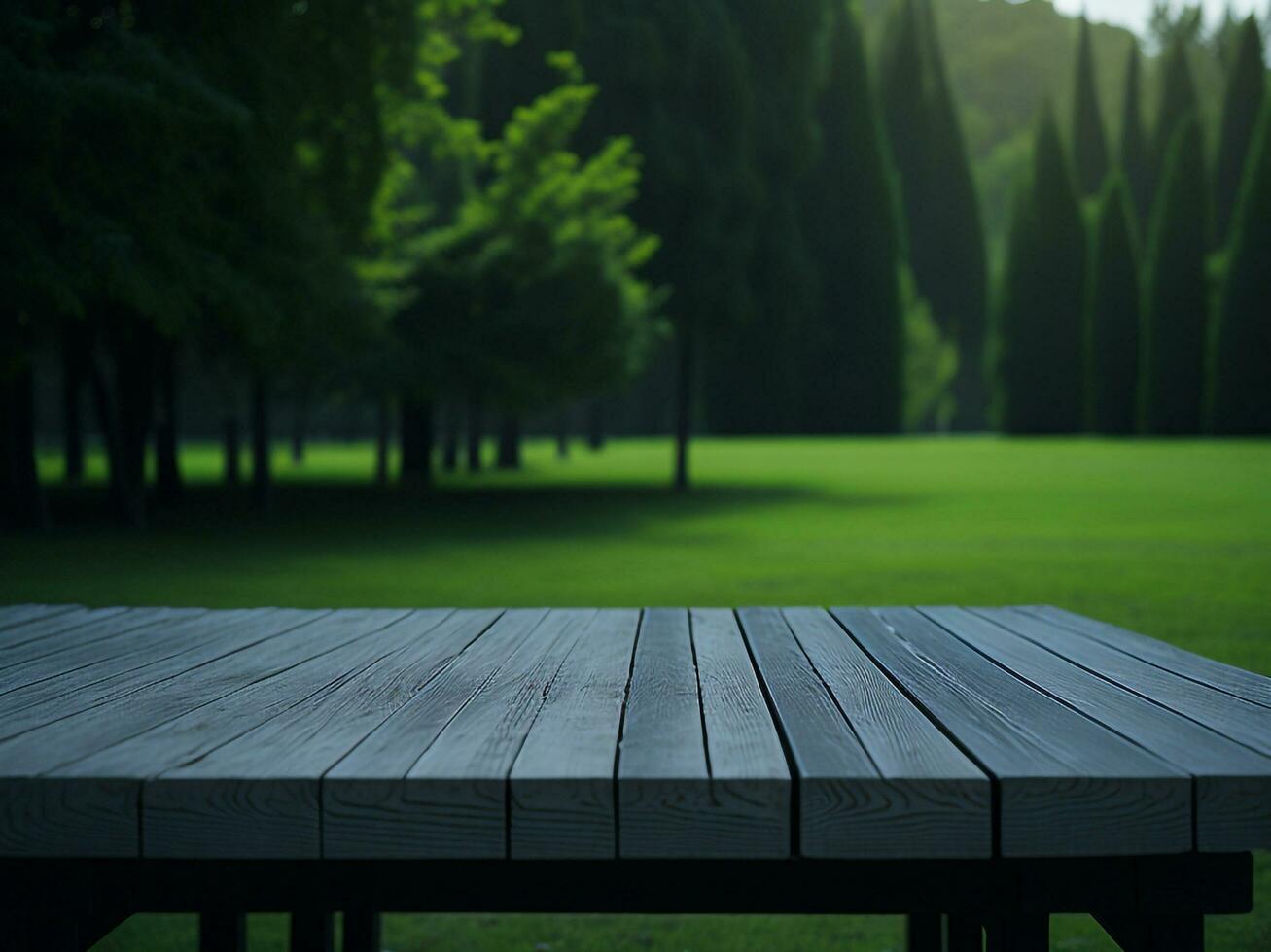 Wooden table and blur tropical green grass background, product display montage. High quality photo 8k FHD AI generated