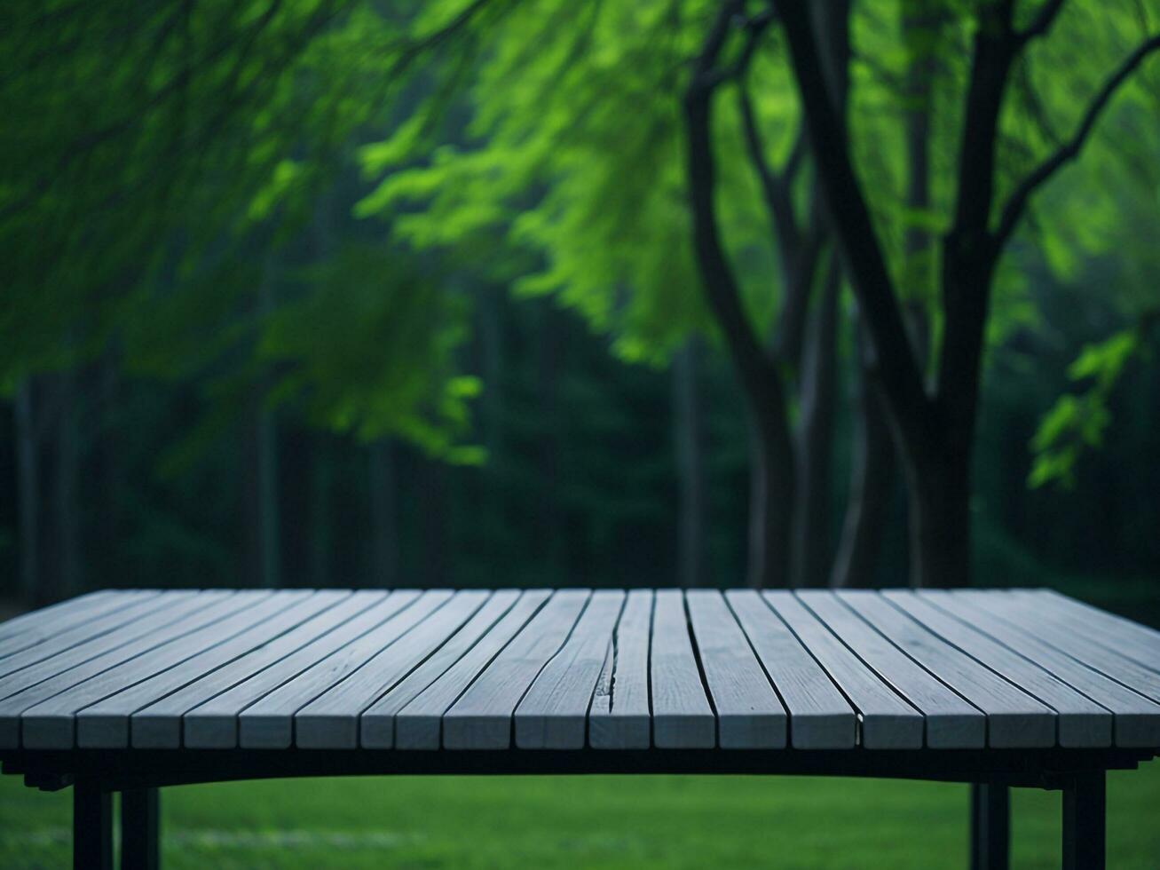 Wooden table and blur tropical green grass background, product display montage. High quality photo 8k FHD AI generated