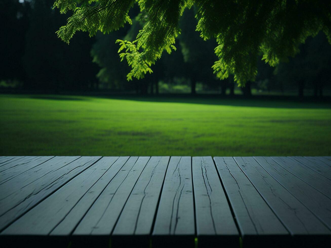 Wooden table and blur tropical green grass background, product display montage. High quality photo 8k FHD AI generated