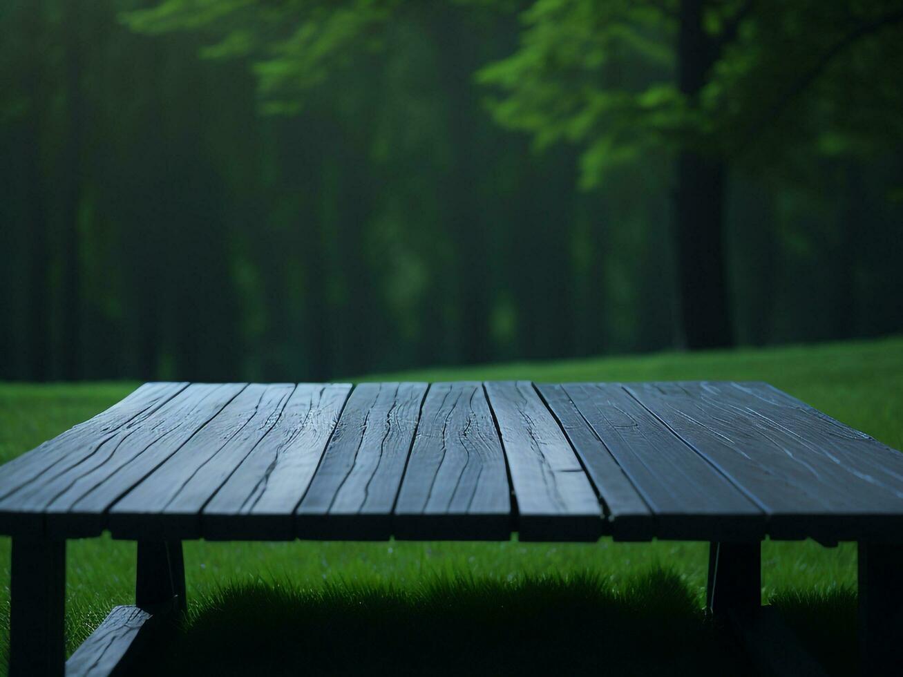 Wooden table and blur tropical green grass background, product display montage. High quality photo 8k FHD AI generated