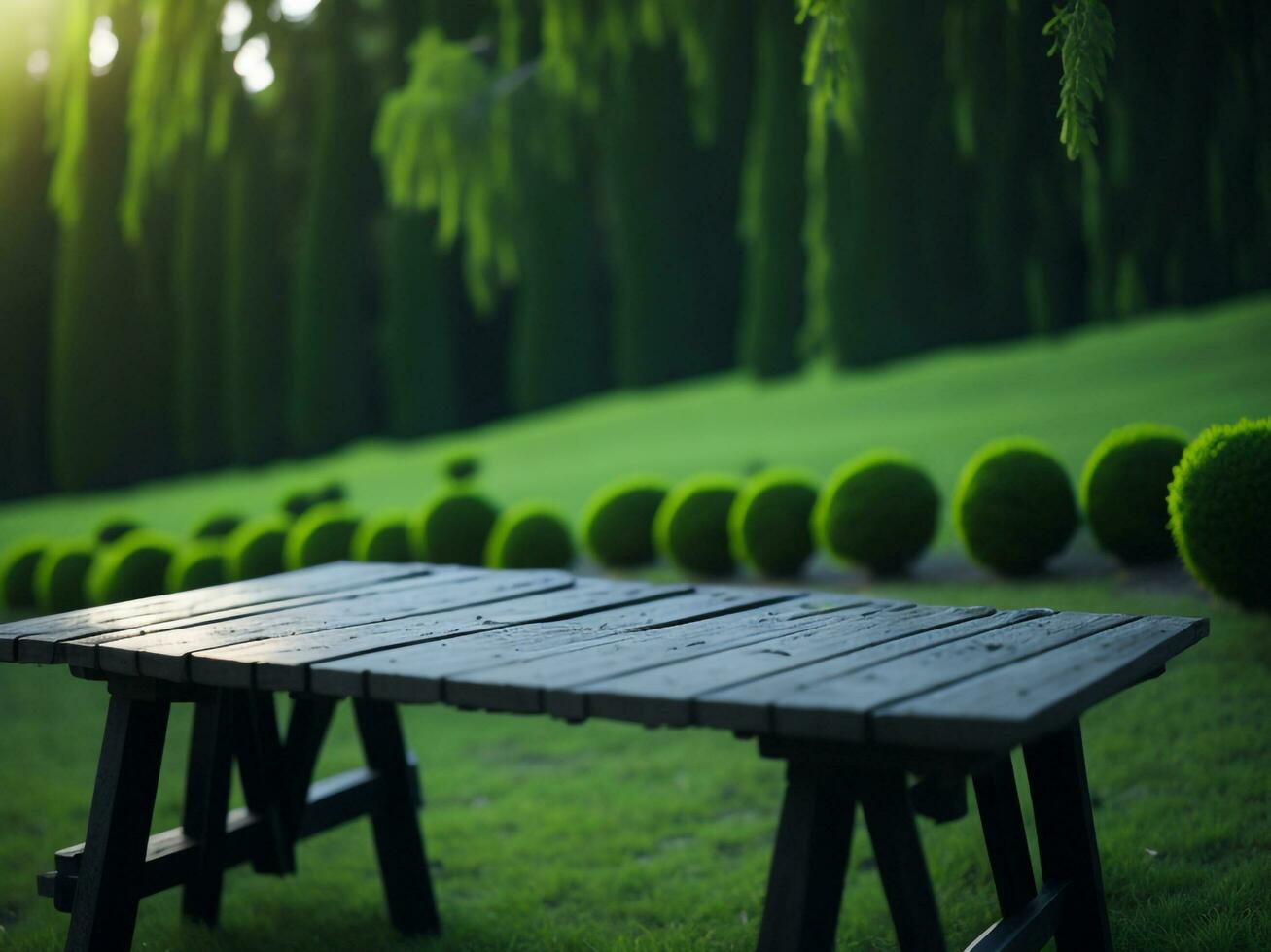 Wooden table and blur tropical green grass background, product display montage. High quality photo 8k FHD AI generated